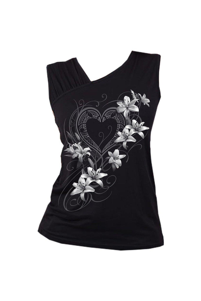 Pure Of Heart - Gathered Shoulder Slant Vest Black-Spiral-Dark Fashion Clothing