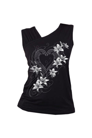 Pure Of Heart - Gathered Shoulder Slant Vest Black-Spiral-Dark Fashion Clothing
