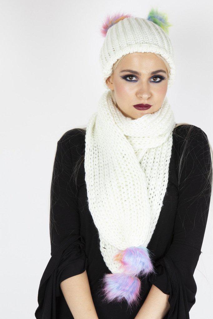 Rainbow Pom Pom Scarf & Hat Set-Jawbreaker-Dark Fashion Clothing