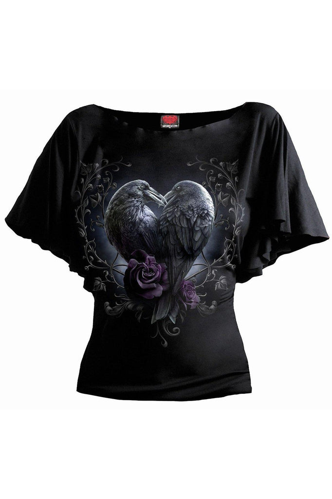 Raven Heart - Boat Neck Bat Sleeve Top Black-Spiral-Dark Fashion Clothing
