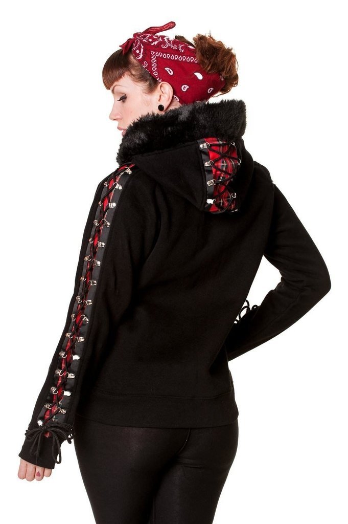 Red Tartan Corset Black Hoodie-Banned-Dark Fashion Clothing