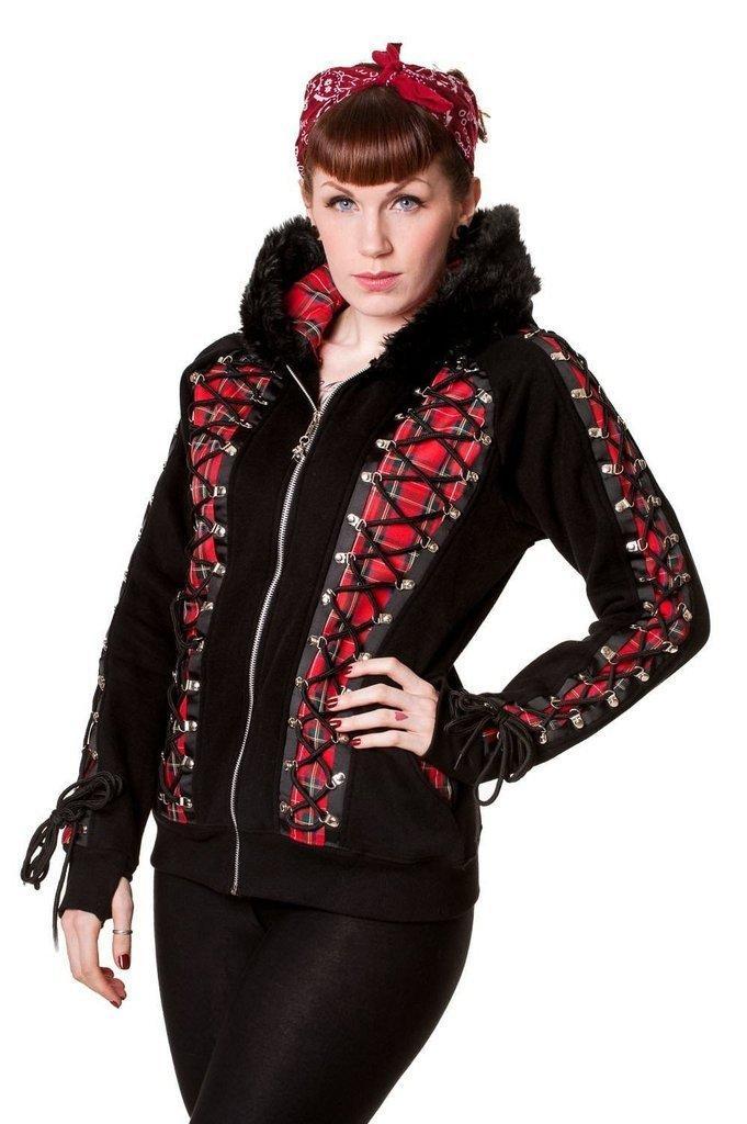 Red Tartan Corset Black Hoodie-Banned-Dark Fashion Clothing