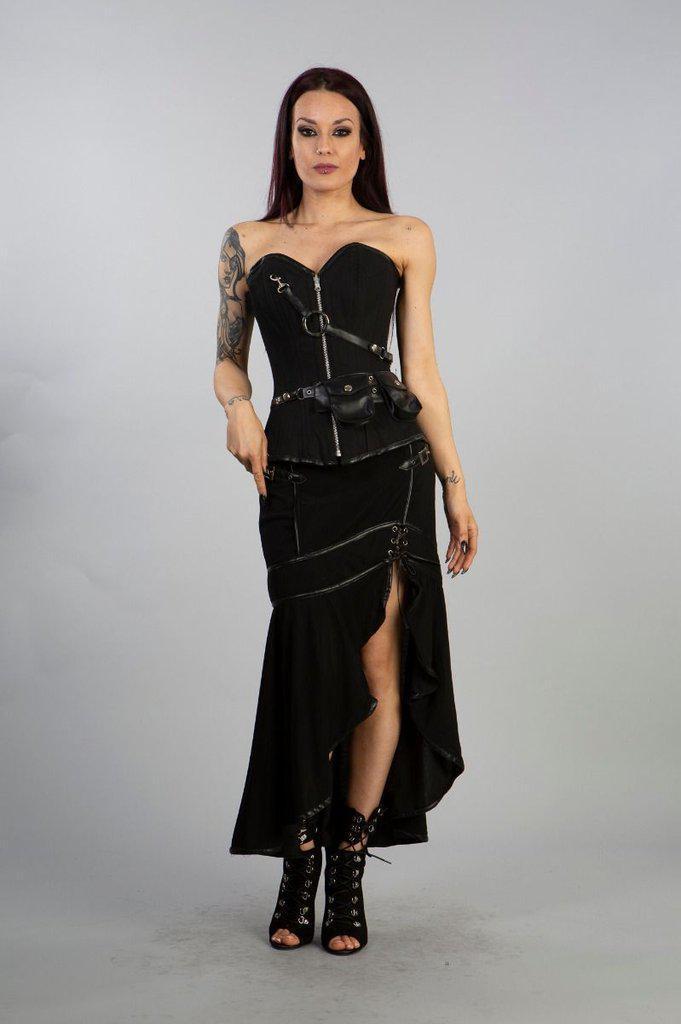 Reversible Overbust Zip Corset In Black Twill And Green Scroll-Burleska-Dark Fashion Clothing