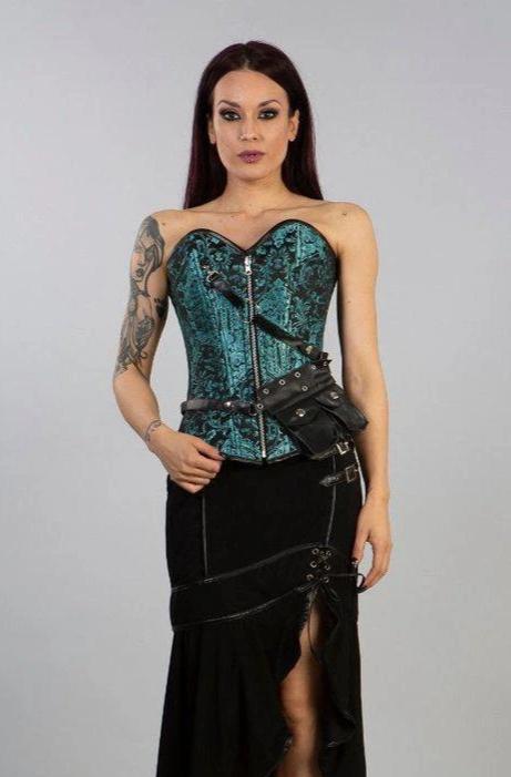 Reversible Overbust Zip Corset In Turquoise Black Jacquard And Gold King-Burleska-Dark Fashion Clothing