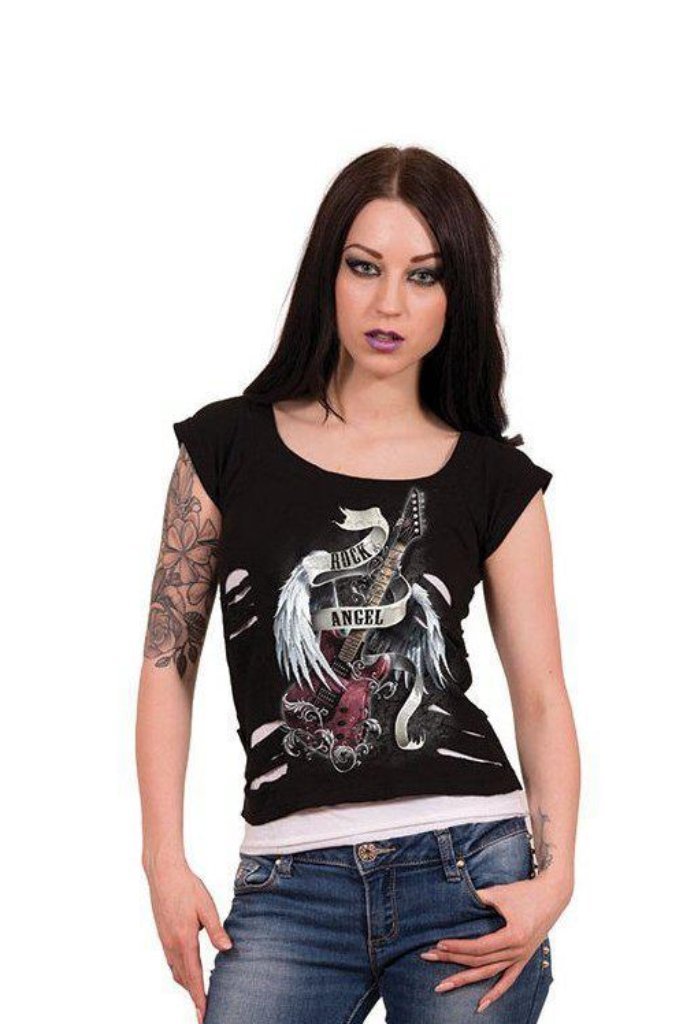 Rock Angel - 2In1 White Ripped Top Black-Spiral-Dark Fashion Clothing