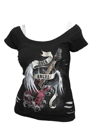 Rock Angel - 2In1 White Ripped Top Black-Spiral-Dark Fashion Clothing