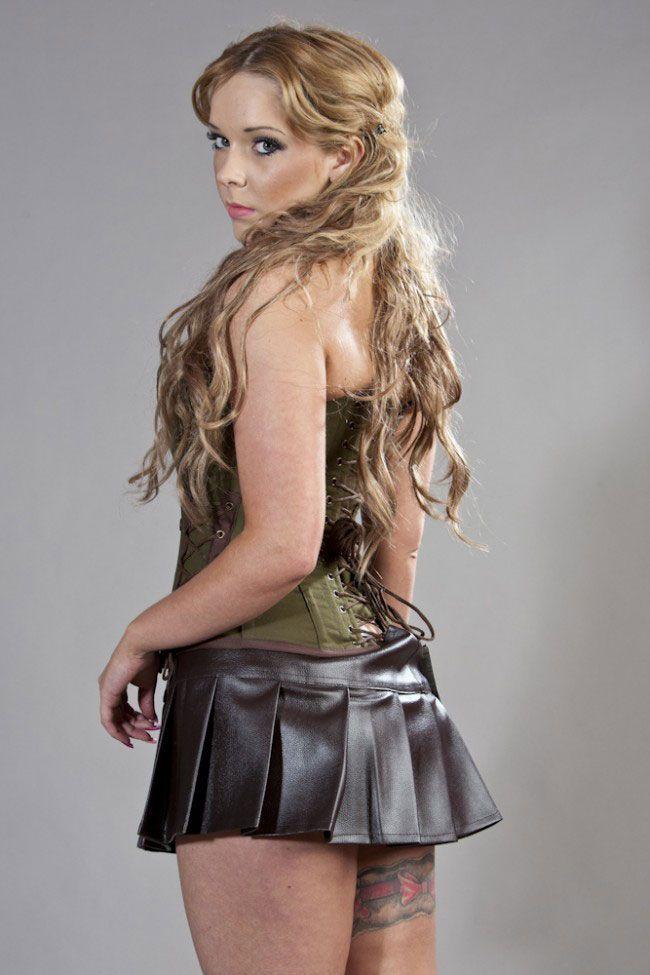 Rock Overbust Corset In Olive Green & Brown Twill-Burleska-Dark Fashion Clothing