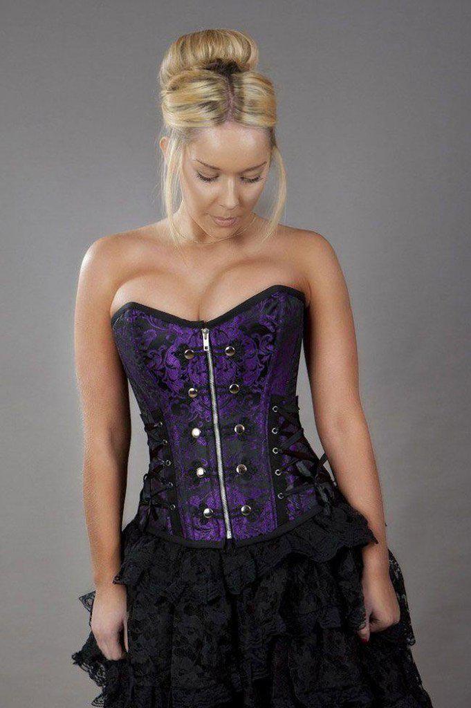 Rock Overbust Corset With Studs In King Brocade-Burleska-Dark Fashion Clothing