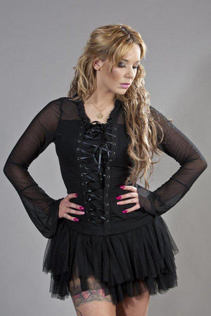 Sarah Gothic Top In Black Lycra And Black Mesh Overlay-Burleska-Dark Fashion Clothing