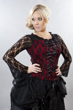 Sarah Long Sleeve Victorian Top In Lycra And Lace Overlay-Burleska-Dark Fashion Clothing