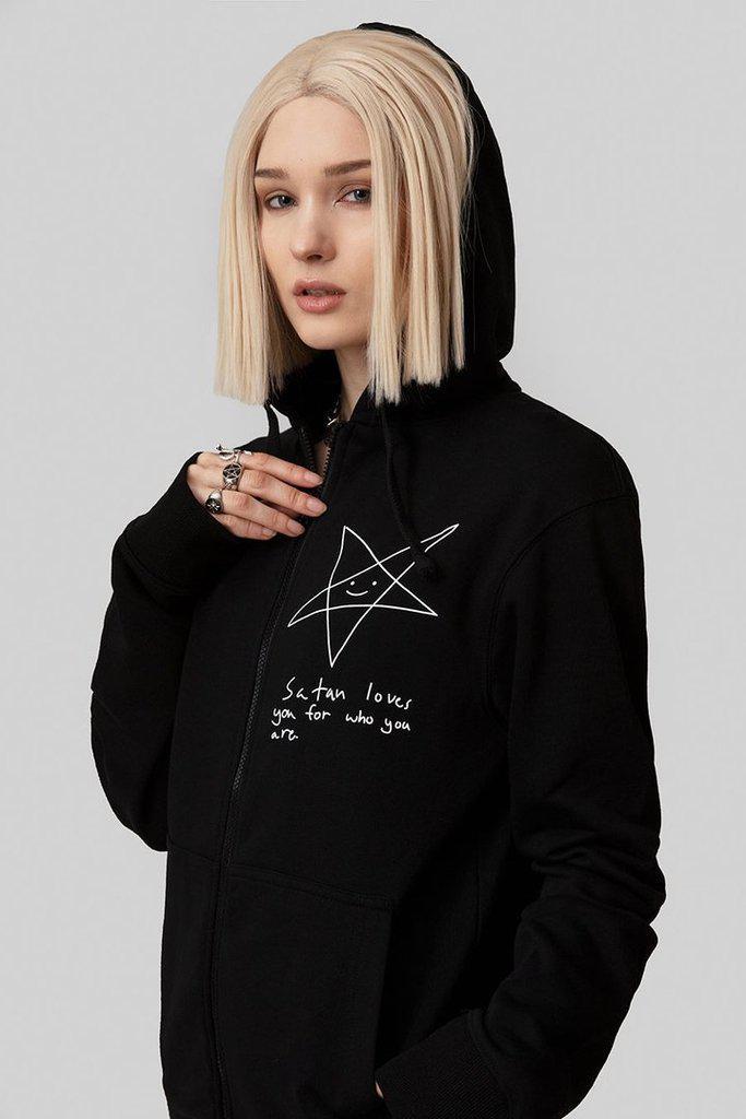 Satan Loves You Zip Hoodie - Unisex-Long Clothing-Dark Fashion Clothing