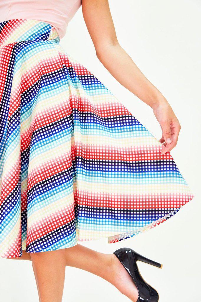 Serene Rainbow Gingham High Waisted Circle Skirt-Voodoo Vixen-Dark Fashion Clothing