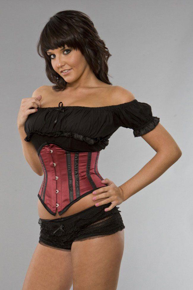 Sexy Waspie Waist Cincher Corset In Satin With Black Piping-Burleska-Dark Fashion Clothing
