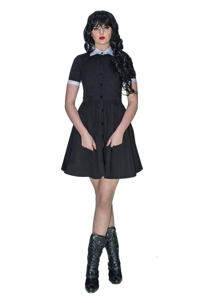 Short Sleeve Wednesday Addams Black Mini Dress - Samara - Dark Fashion Clothing Short Sleeve Wednesday Addams Black Mini Dress - Samara - Dark Fashion Clothing