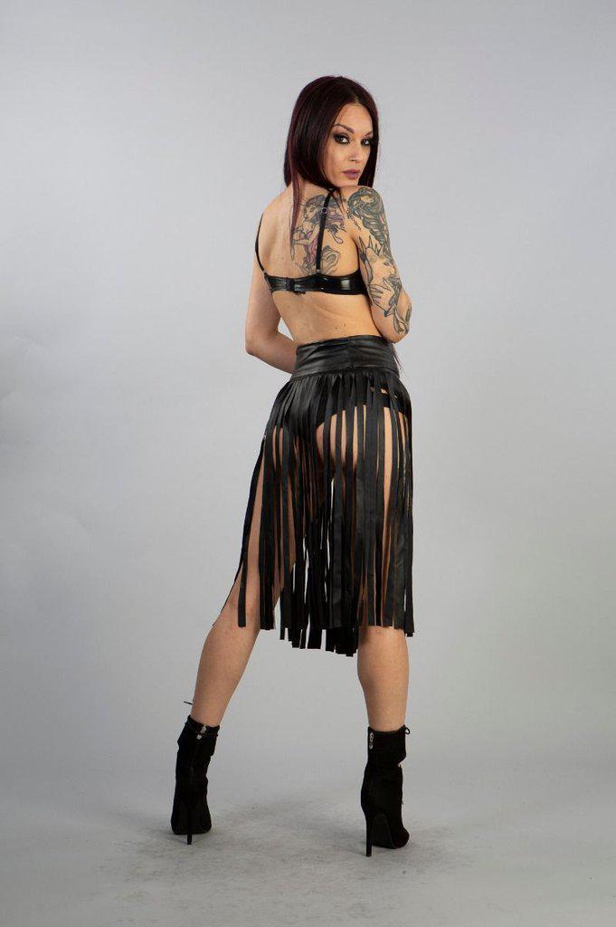 Shredder Knee Length Fringe Skirt In Black Matte-Burleska-Dark Fashion Clothing