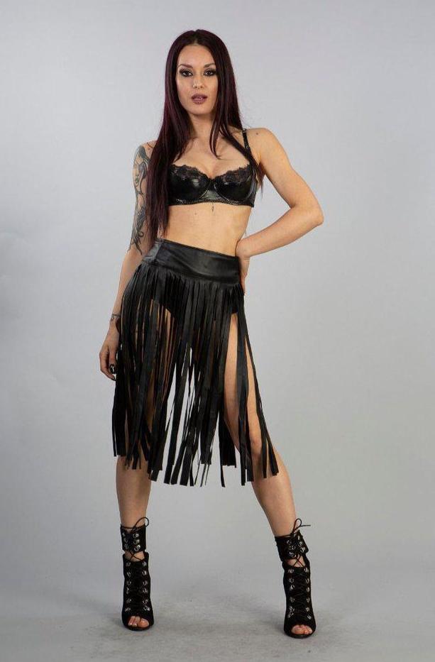 Shredder Knee Length Fringe Skirt In Black Matte-Burleska-Dark Fashion Clothing