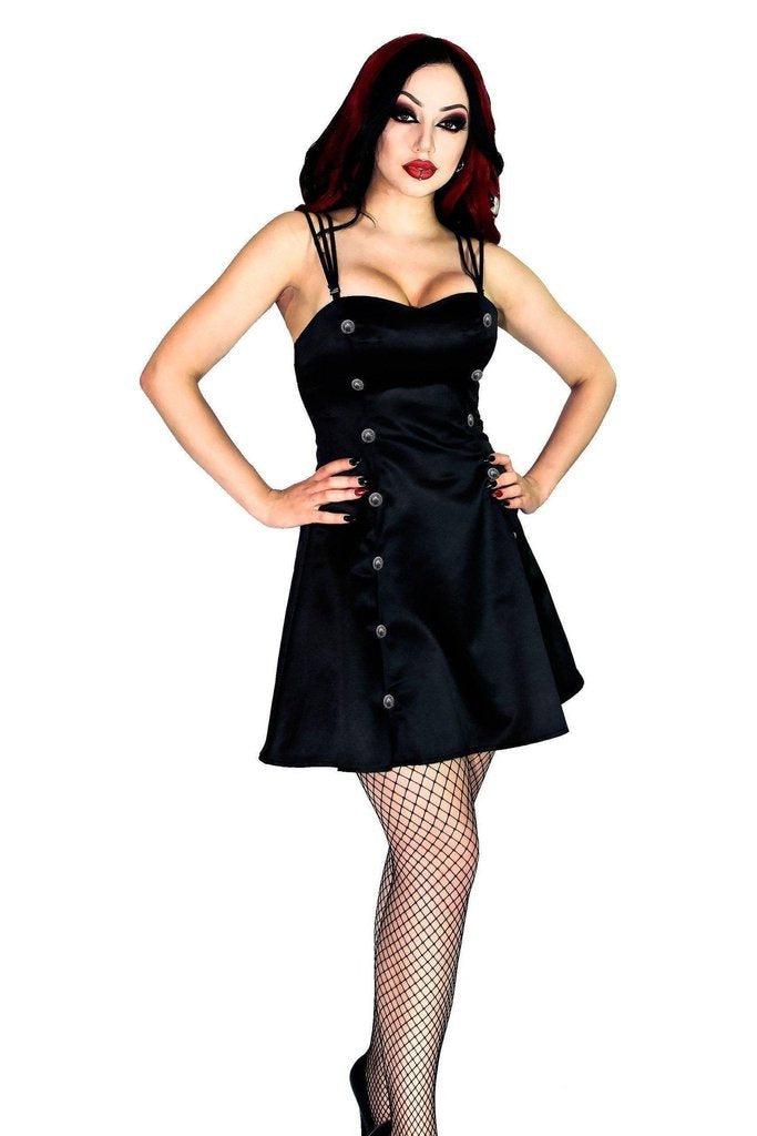 Silver Buttons Raw Silk Black Mini Dress - Maryam-Dr Faust-Dark Fashion Clothing