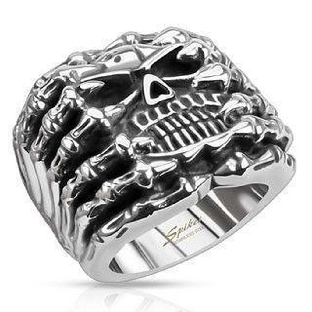 Skeleton Hands Holding Skull Ring-Spikes-Dark Fashion Clothing