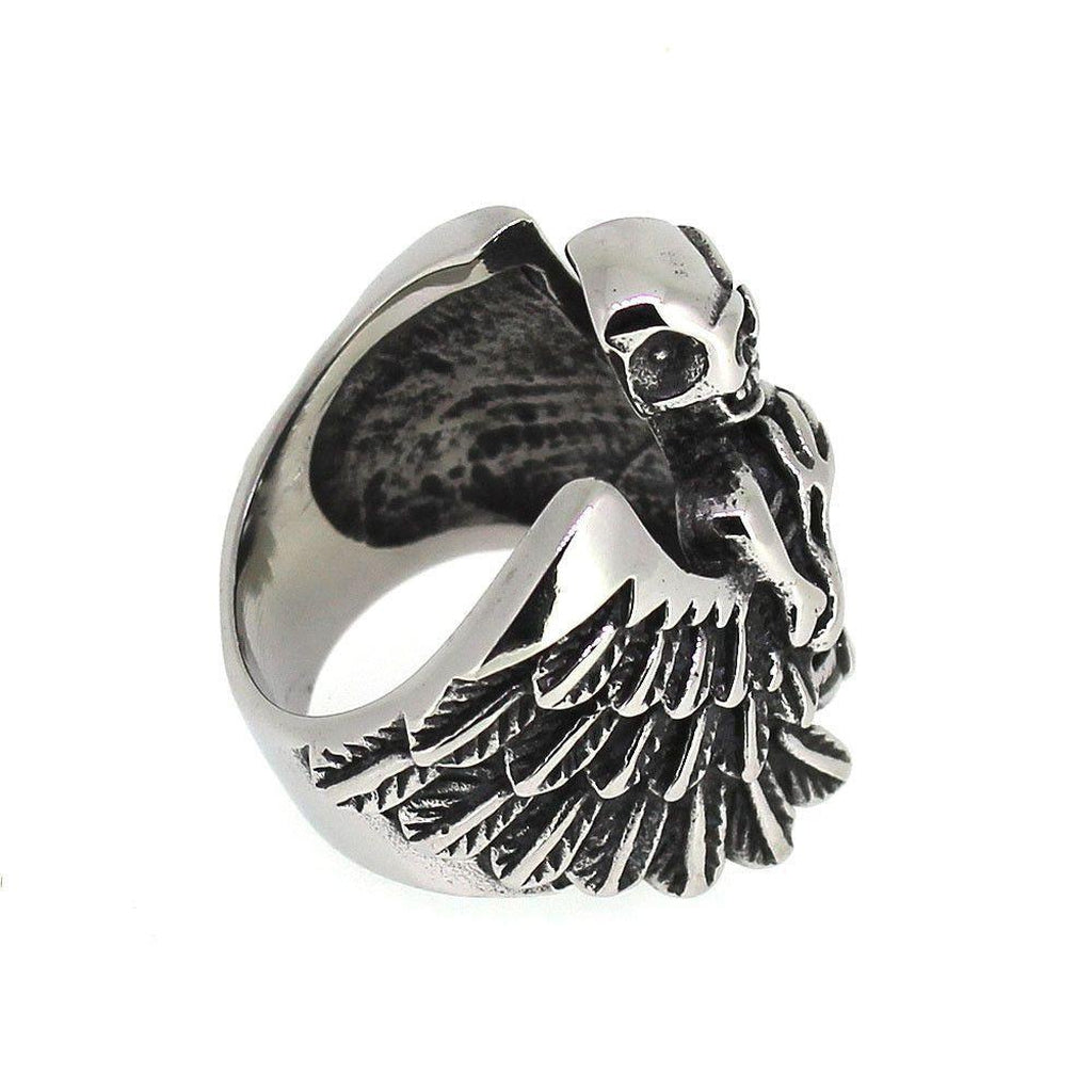 Skeleton Ring With Wings & Gemstone - Stainless Steel-Badboy-Dark Fashion Clothing
