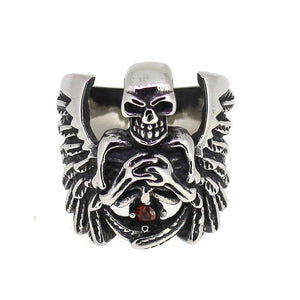 Skeleton Ring With Wings & Gemstone - Stainless Steel-Badboy-Dark Fashion Clothing