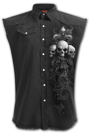 Skull Scroll - Sleeveless Stone Washed Worker Black-Spiral-Dark Fashion Clothing