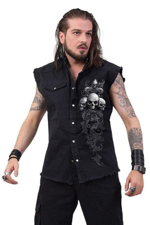 Skull Scroll - Sleeveless Stone Washed Worker Black-Spiral-Dark Fashion Clothing