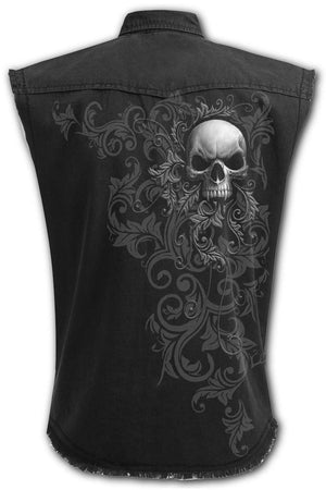 Skull Scroll - Sleeveless Stone Washed Worker Black-Spiral-Dark Fashion Clothing