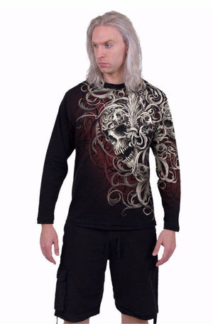 Skull Shoulder Wrap - Allover Longsleeve T-Shirt Black-Spiral-Dark Fashion Clothing