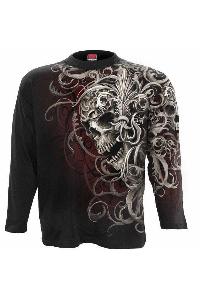 Skull Shoulder Wrap - Allover Longsleeve T-Shirt Black-Spiral-Dark Fashion Clothing