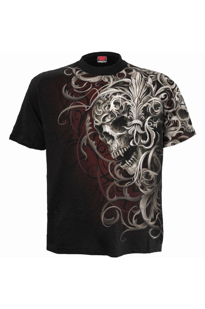Skull Shoulder Wrap - Allover T-Shirt Black-Spiral-Dark Fashion Clothing