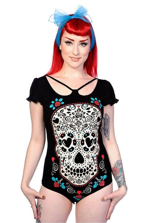 Skull With Roses Bodysuit-Banned-Dark Fashion Clothing