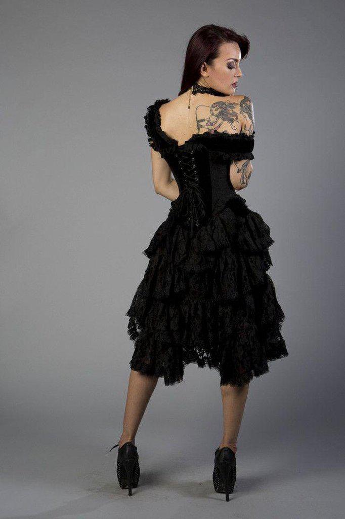 Sophia Knee Length Burlesque Corset Dress In Black Velvet Flock-Burleska-Dark Fashion Clothing