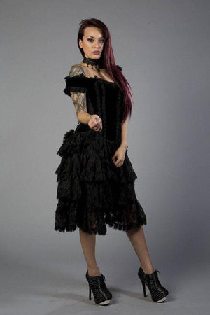 Sophia Knee Length Burlesque Corset Dress In Black Velvet Flock-Burleska-Dark Fashion Clothing