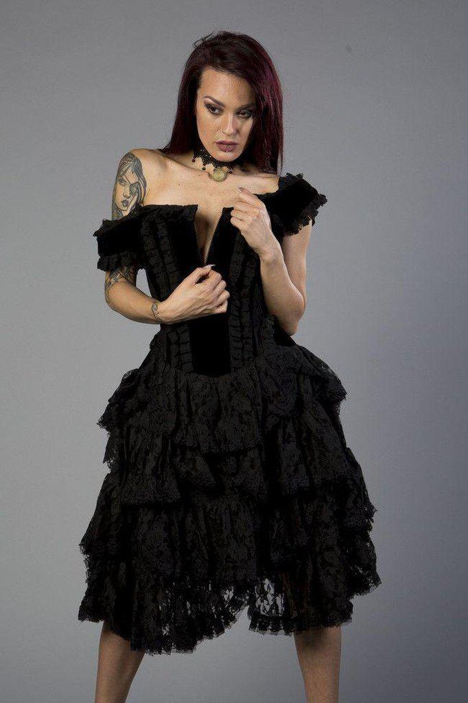 Sophia Knee Length Burlesque Corset Dress In Black Velvet Flock - Burleska
