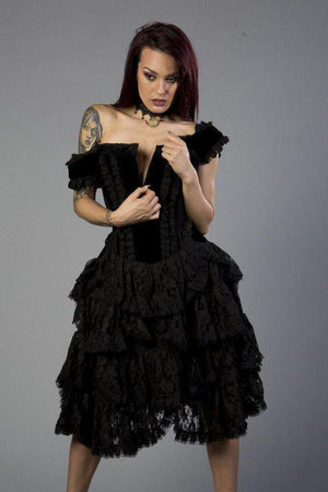 Sophia Knee Length Burlesque Corset Dress In Black Velvet Flock-Burleska-Dark Fashion Clothing