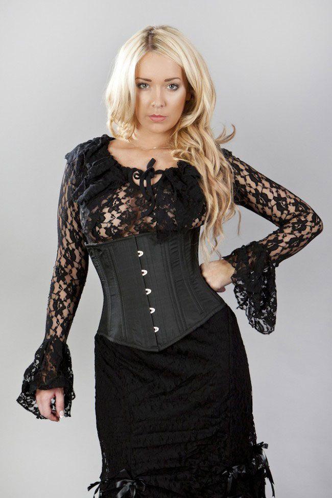 Sophisticated Spiral Steel Boned Underbust Corset In Black Taffeta-Burleska-Dark Fashion Clothing