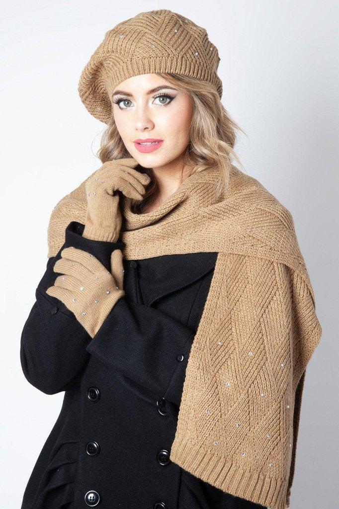 Sparkle Brown Beret, Scarf &amp; Glove Set-Voodoo Vixen-Dark Fashion Clothing