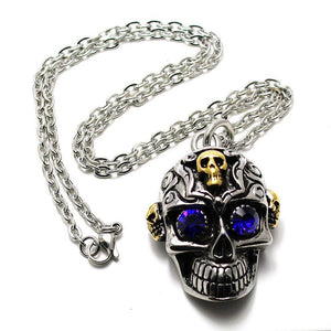 Stainless Steel Skull Pendant - Blue CZ Eyes-Badboy-Dark Fashion Clothing
