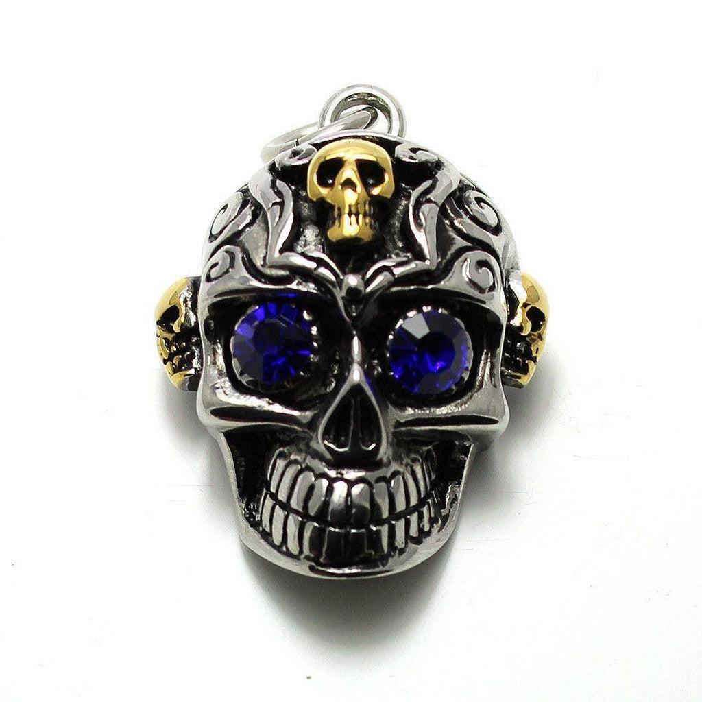 Stainless Steel Skull Pendant - Blue CZ Eyes-Badboy-Dark Fashion Clothing