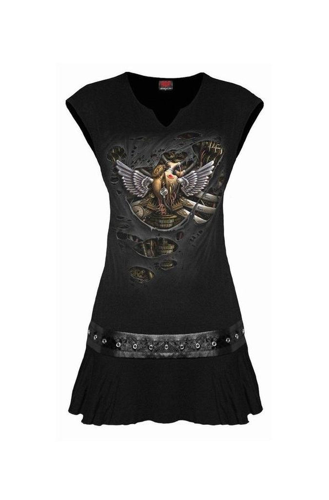 Steam Punk Ripped - Stud Waist Mini Dress Black-Spiral-Dark Fashion Clothing