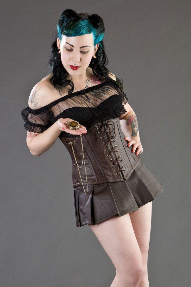 Steampunk Underbust Corset With Pocket Watch In Brown Matte Vinyl-Burleska-Dark Fashion Clothing