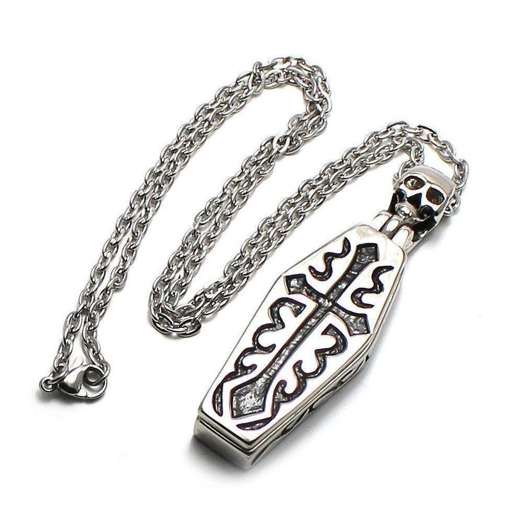 Steel Hinged Skull Coffin Pendant With Skeleton Inside-Badboy-Dark Fashion Clothing