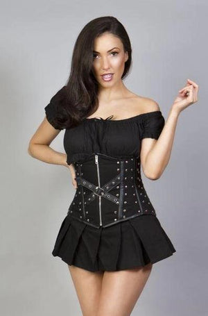 Steffi Underbust Corset With Studs In Black Twill-Burleska-Dark Fashion Clothing