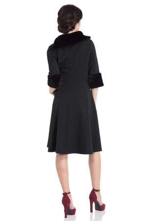 Tabitha Black Faux Fur Collar Dress-Voodoo Vixen-Dark Fashion Clothing