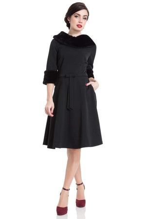Tabitha Black Faux Fur Collar Dress-Voodoo Vixen-Dark Fashion Clothing