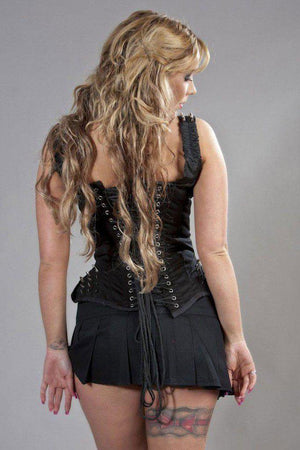Takara Overbust Corset With Straps In Black Twill And Silver Spikes-Burleska-Dark Fashion Clothing