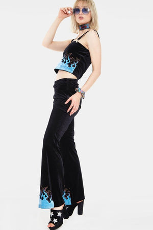 Too Hot To Handle Flame Flared Trousers-Jawbreaker-Dark Fashion Clothing