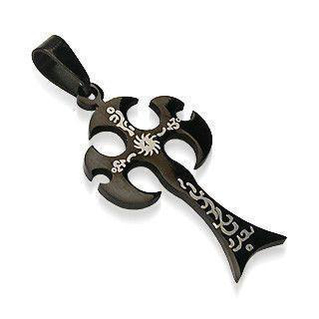 Tribal Cross Pendant Black Ion Plated Stainless Steel-Spikes-Dark Fashion Clothing