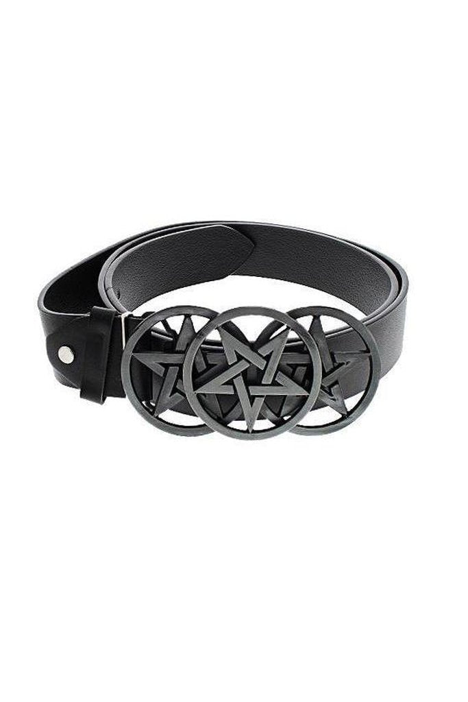 Triple Pentagram Buckle Black Vegan Leather Belt - Remy-Dr Faust-Dark Fashion Clothing