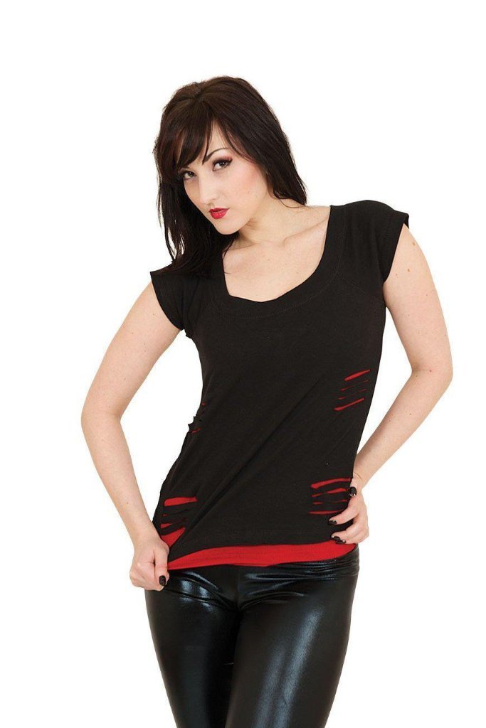 Urban Fashion - 2In1 Red Ripped Top Black-Spiral-Dark Fashion Clothing